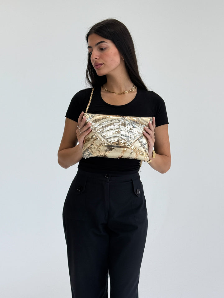 Champagne Gold Sequin Envelope Clutch with Chain Strap