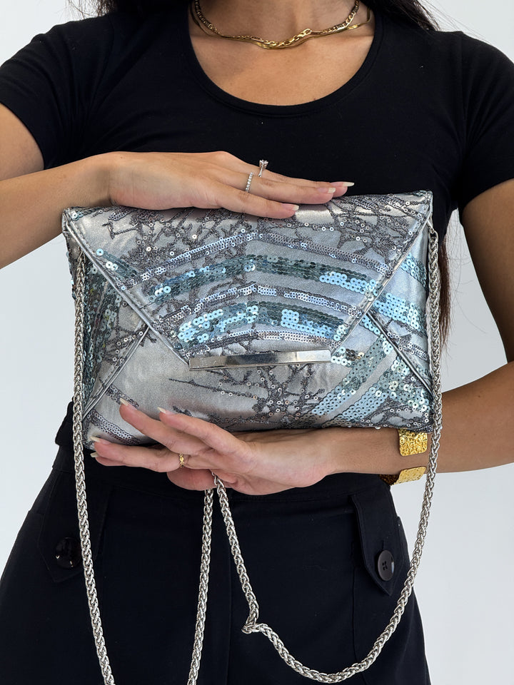 Silver Sequin Envelope Clutch with Chain Strap