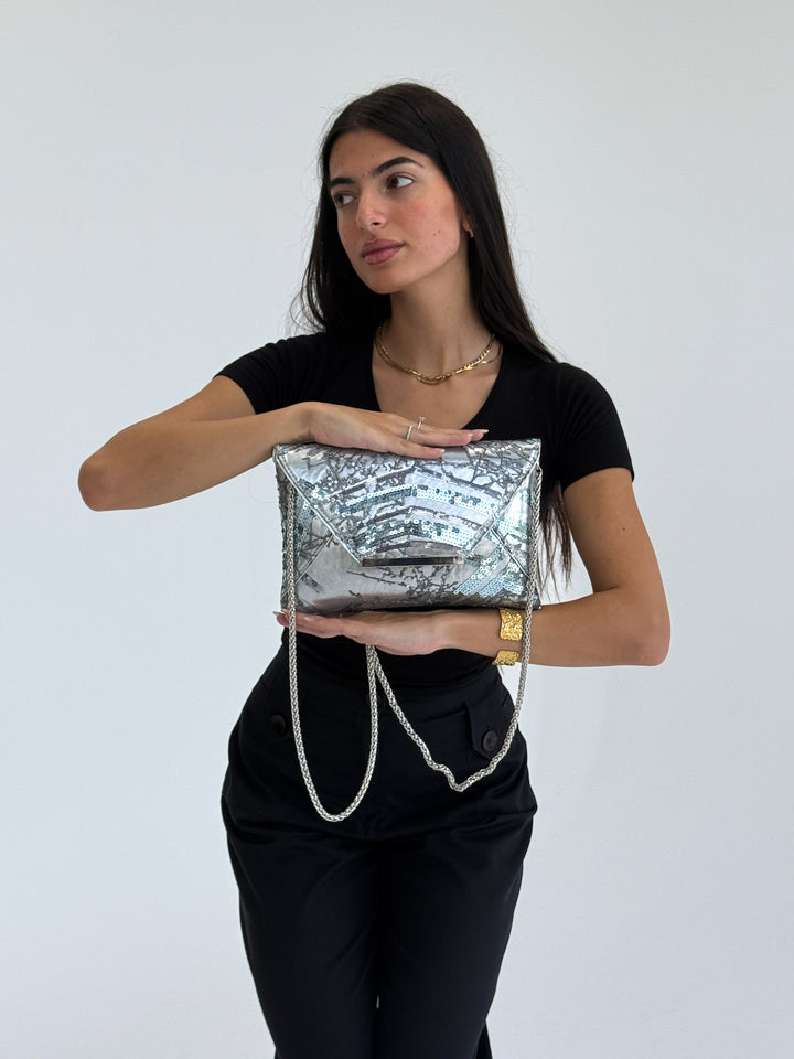 Silver Sequin Envelope Clutch with Chain Strap