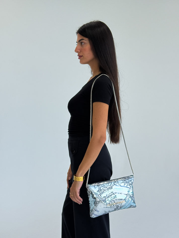 Silver Sequin Envelope Clutch with Chain Strap