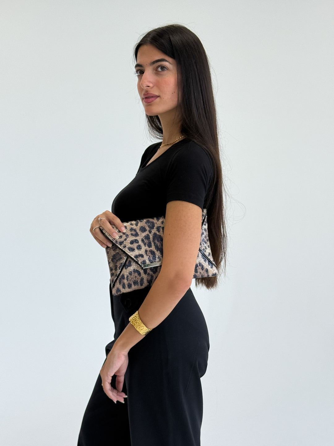Brown Leopard Print Sequin Envelope Clutch