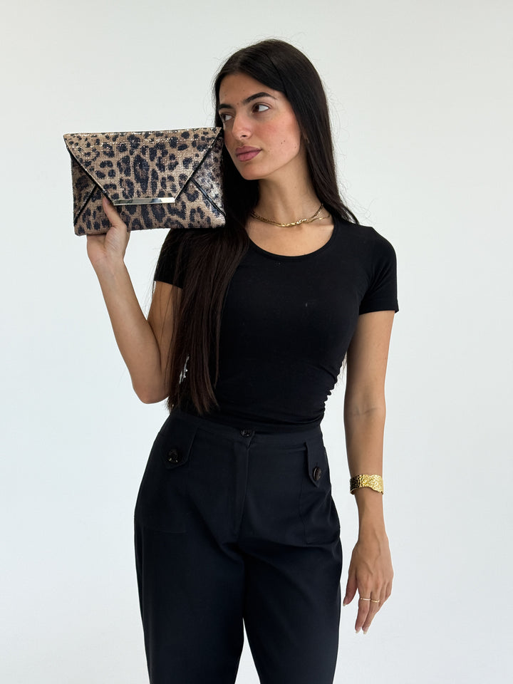 Brown Leopard Print Sequin Envelope Clutch