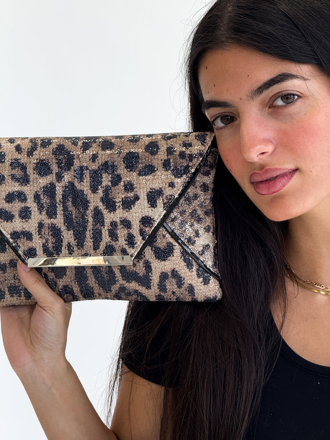Brown Leopard Print Sequin Envelope Clutch
