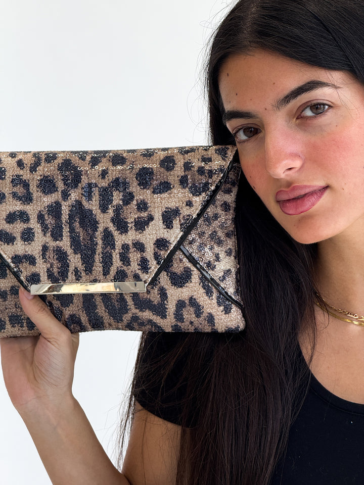 Brown Leopard Print Sequin Envelope Clutch
