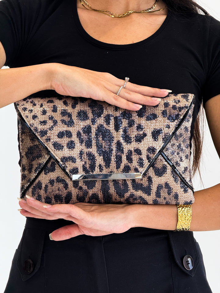 Brown Leopard Print Sequin Envelope Clutch