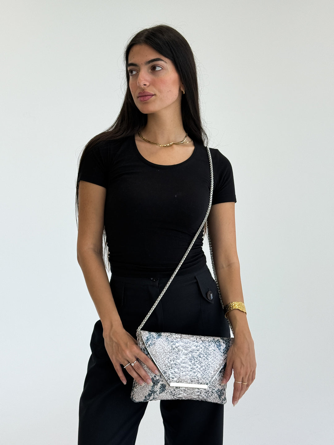 Silver Snake Print Envelope Clutch with Chain Strap