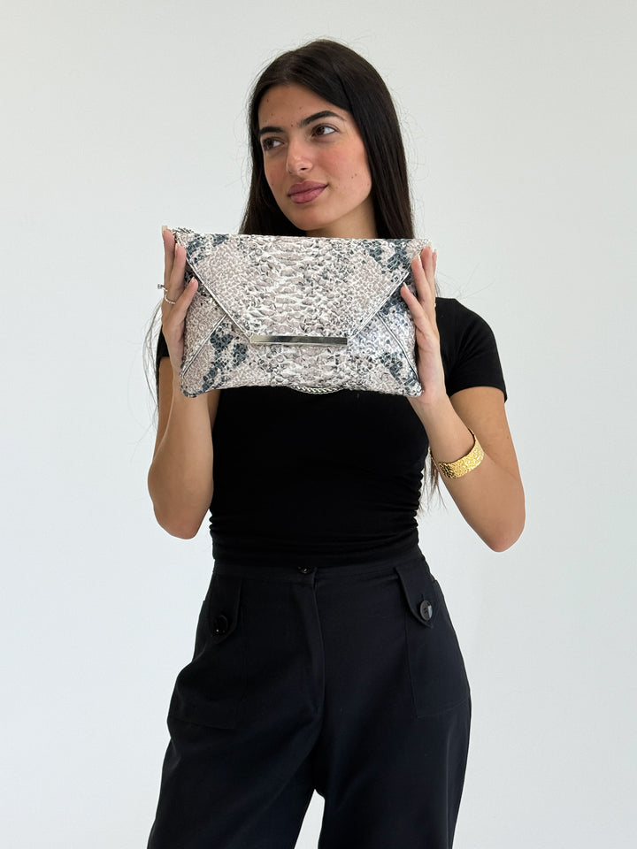 Silver Snake Print Envelope Clutch with Chain Strap