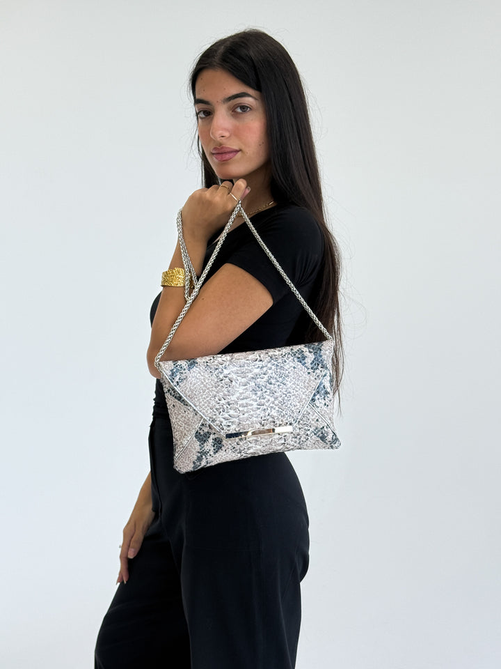 Silver Snake Print Envelope Clutch with Chain Strap