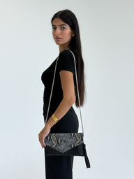 Elegant Snake Print Envelope Clutch - Black