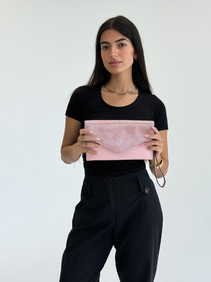 Blush Pink Glitter Envelope Clutch with Wristlet Strap