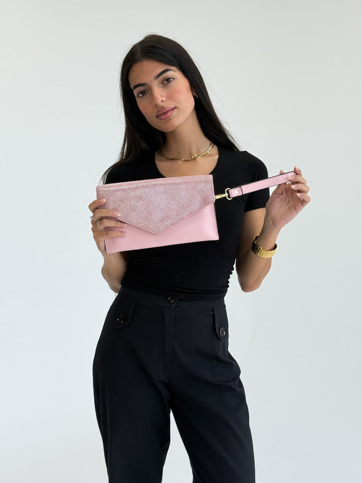 Blush Pink Glitter Envelope Clutch with Wristlet Strap