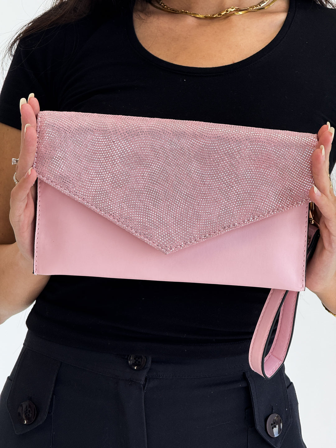 Blush Pink Glitter Envelope Clutch with Wristlet Strap