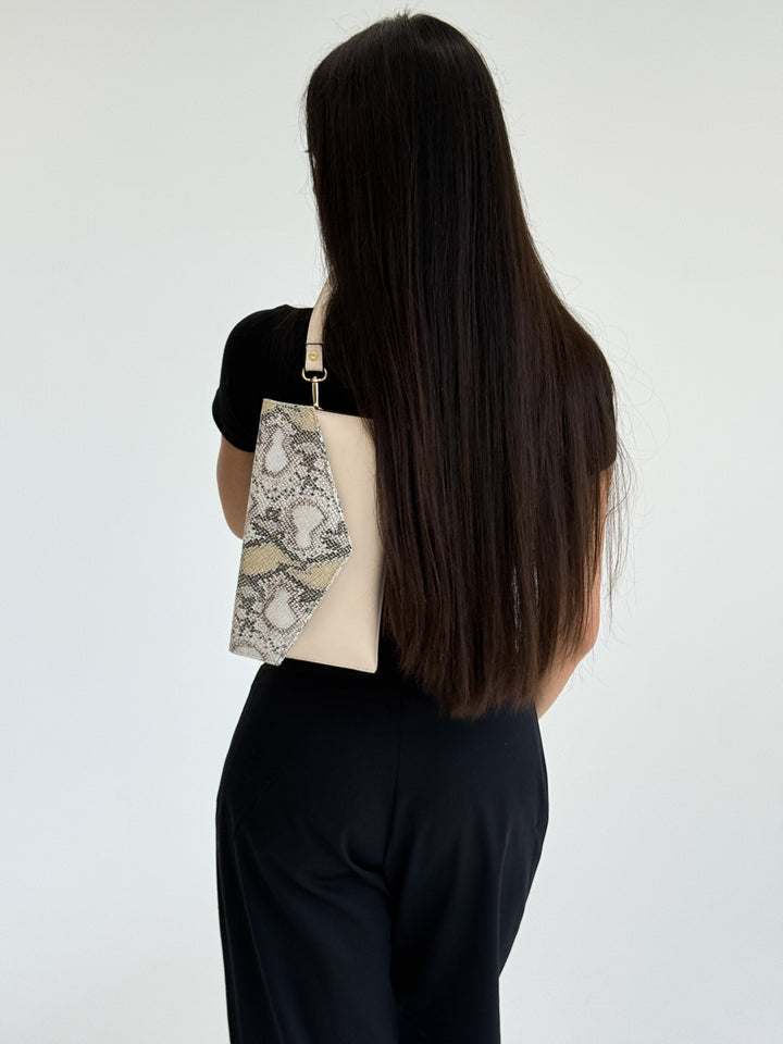 Elegant Snake Print Envelope Clutch - Beige