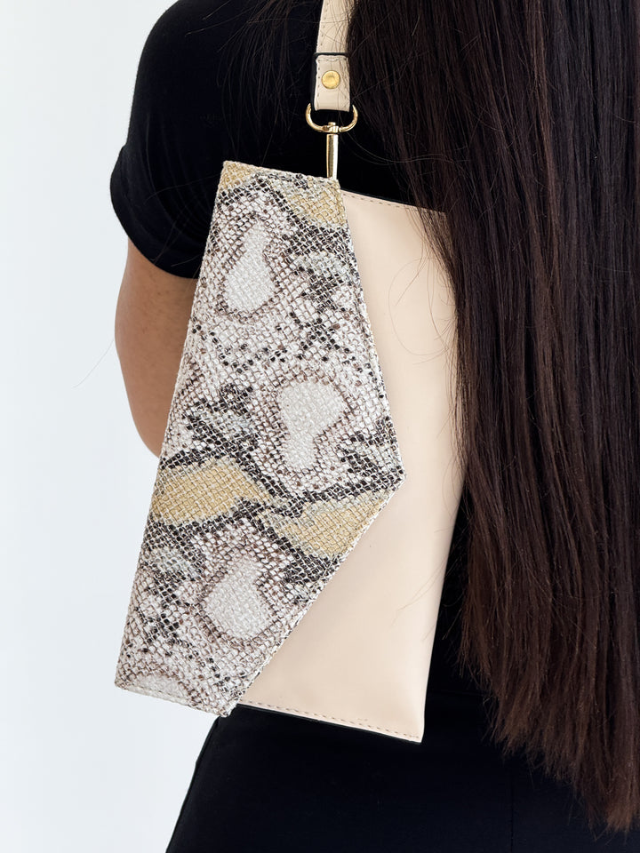 Elegant Snake Print Envelope Clutch - Beige