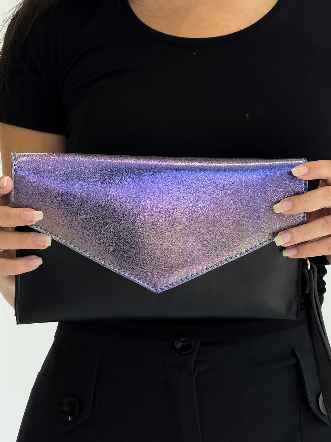 Iridescent Purple-Black Envelope Clutch with Shoulder Strap