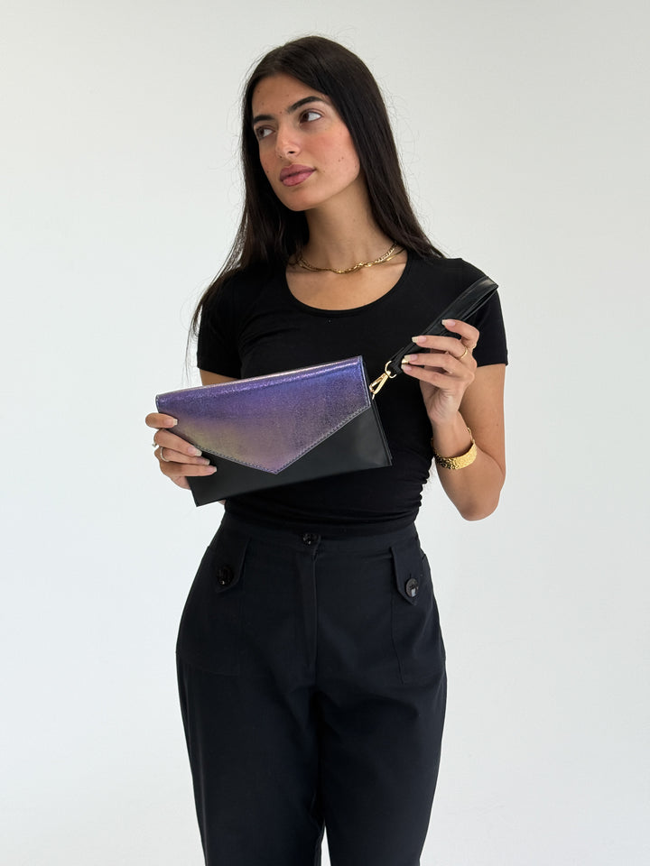Iridescent Purple-Black Envelope Clutch with Shoulder Strap
