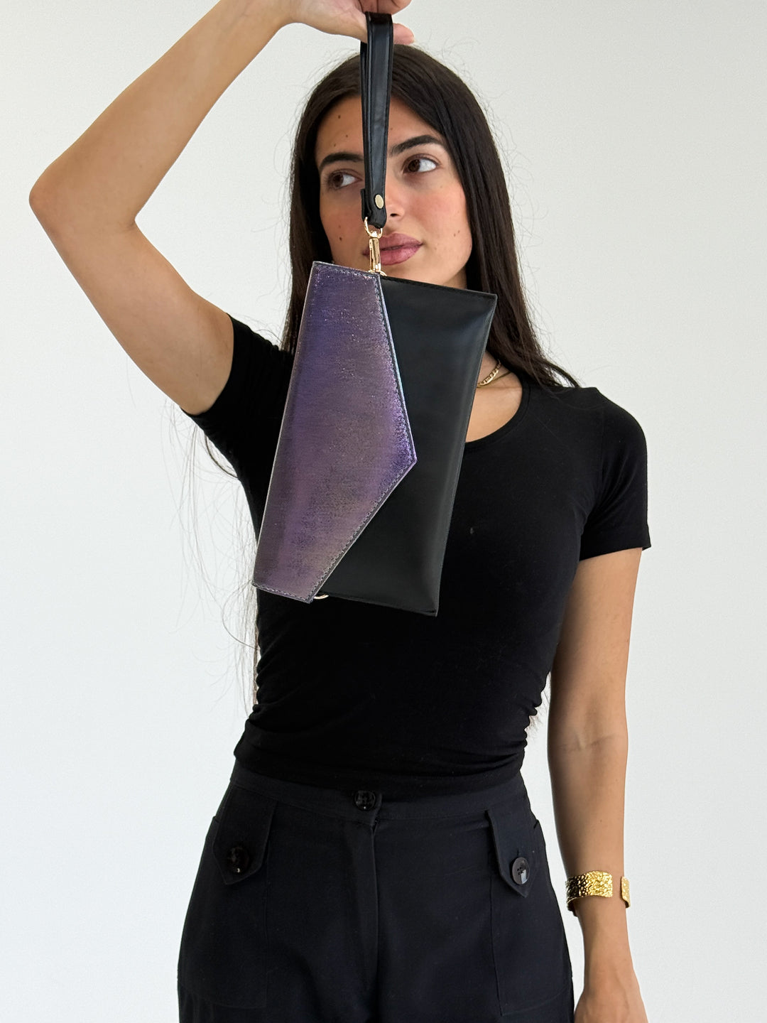 Iridescent Purple-Black Envelope Clutch with Shoulder Strap