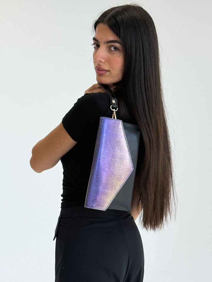 Iridescent Purple-Black Envelope Clutch with Shoulder Strap