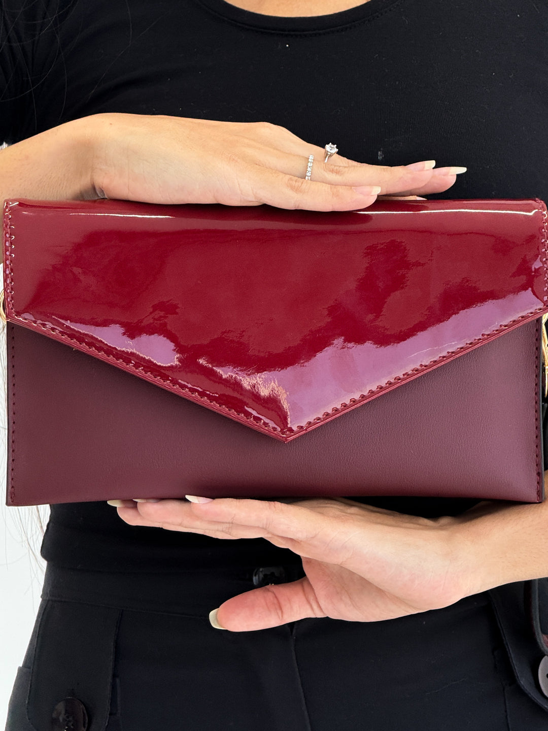 Burgundy Patent Leather Envelope Clutch with Wristlet