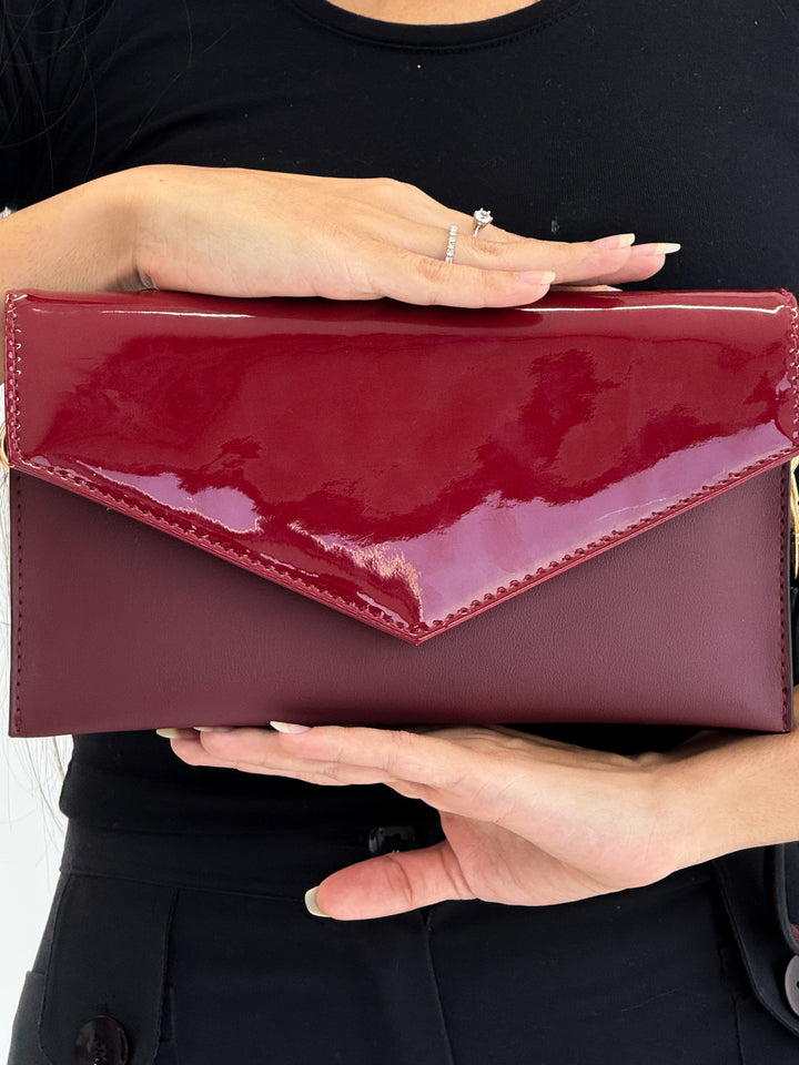 Burgundy Patent Leather Envelope Clutch with Wristlet