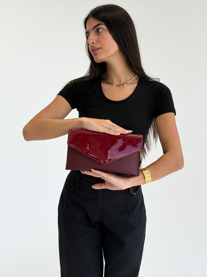 Burgundy Patent Leather Envelope Clutch with Wristlet