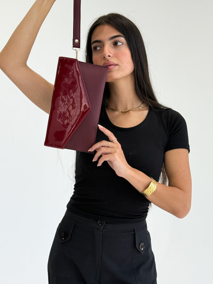 Burgundy Patent Leather Envelope Clutch with Wristlet