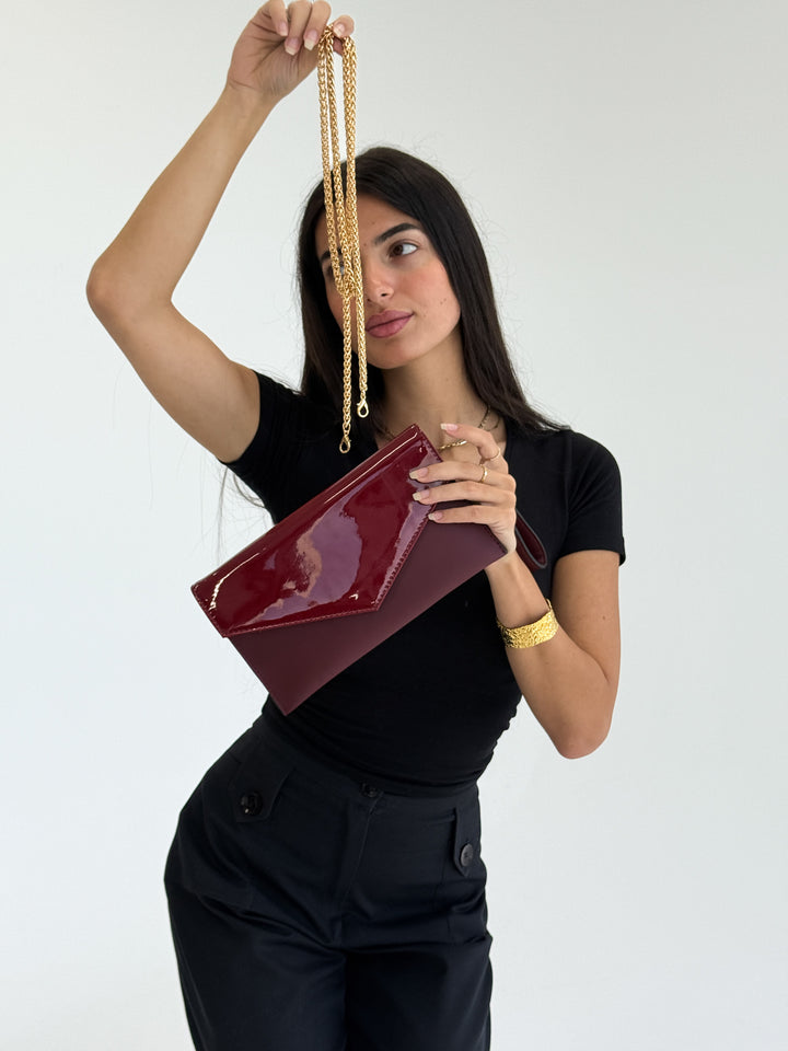 Burgundy Patent Leather Envelope Clutch with Wristlet