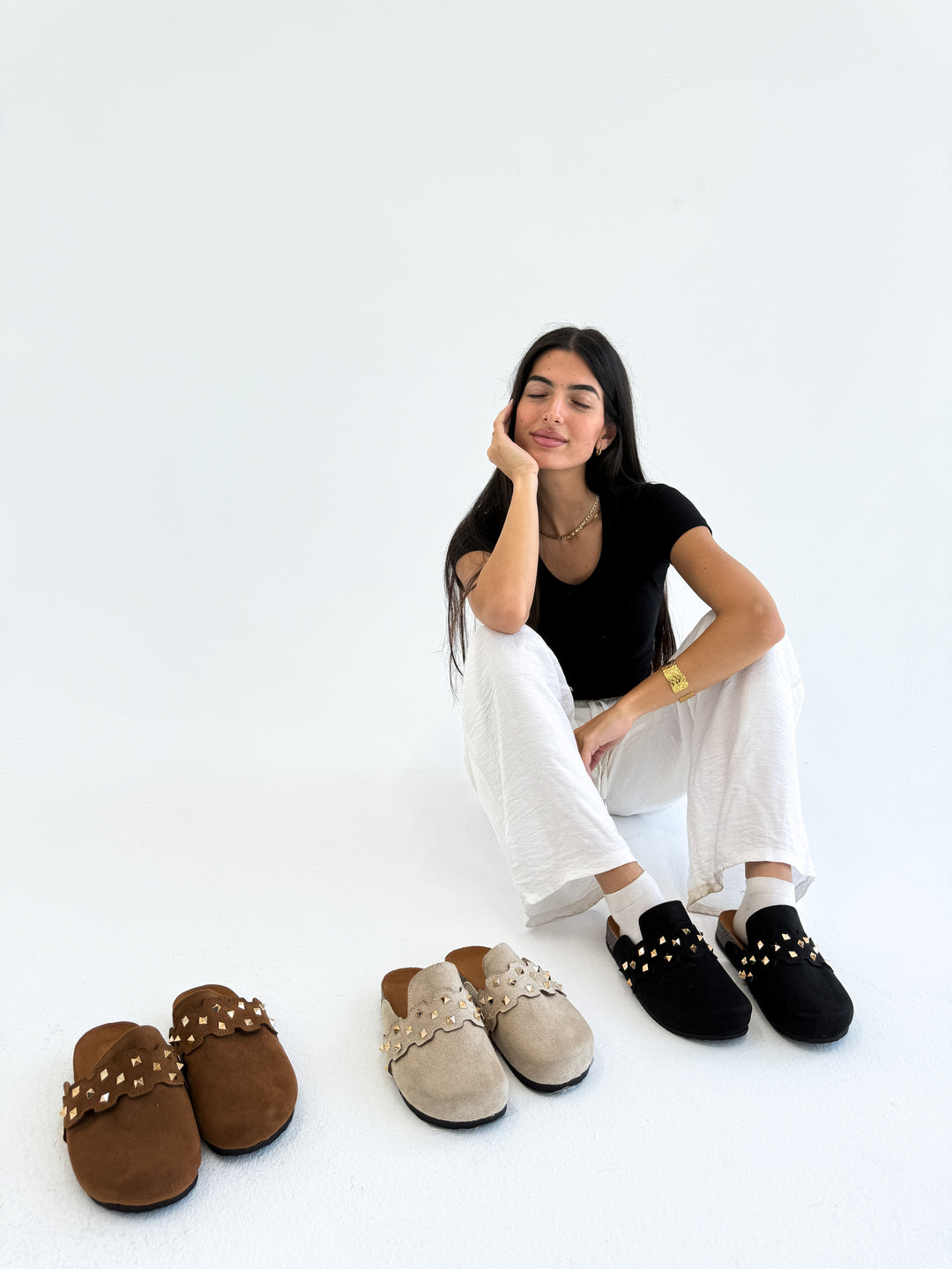 Beige Suede Slip-On Mules with Gold Studs