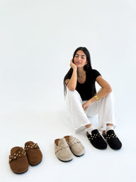 Beige Suede Slip-On Mules with Gold Studs