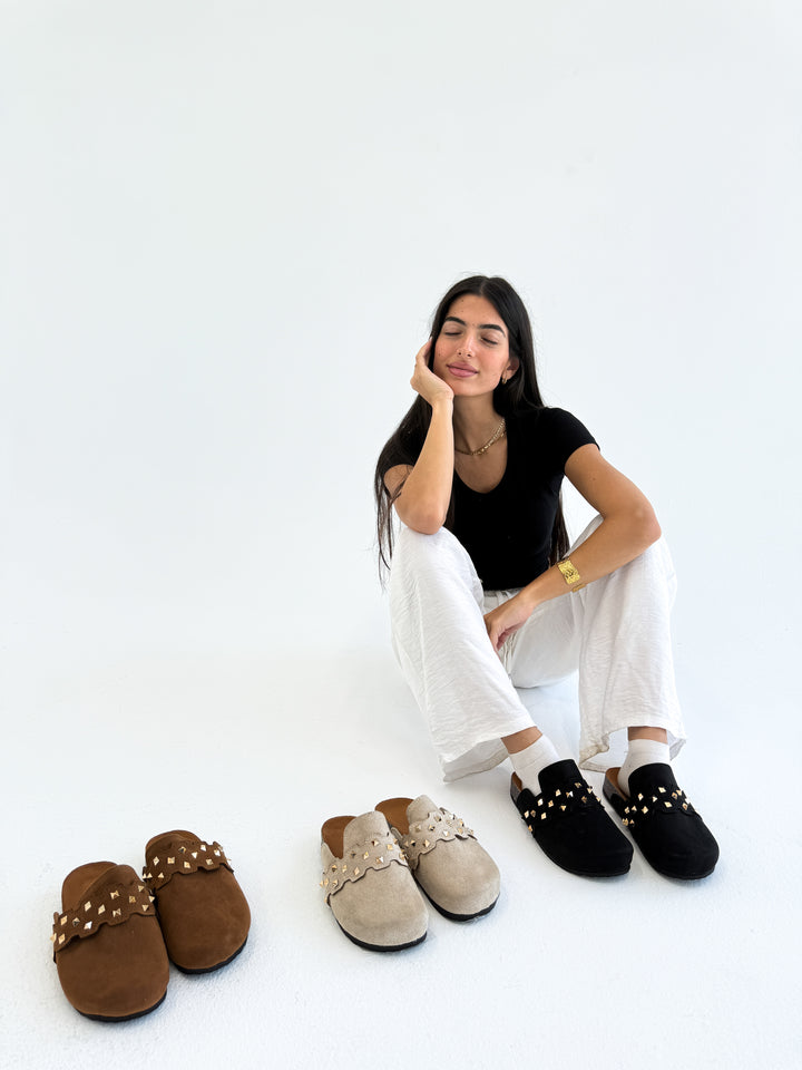 Beige Suede Slip-On Mules with Gold Studs