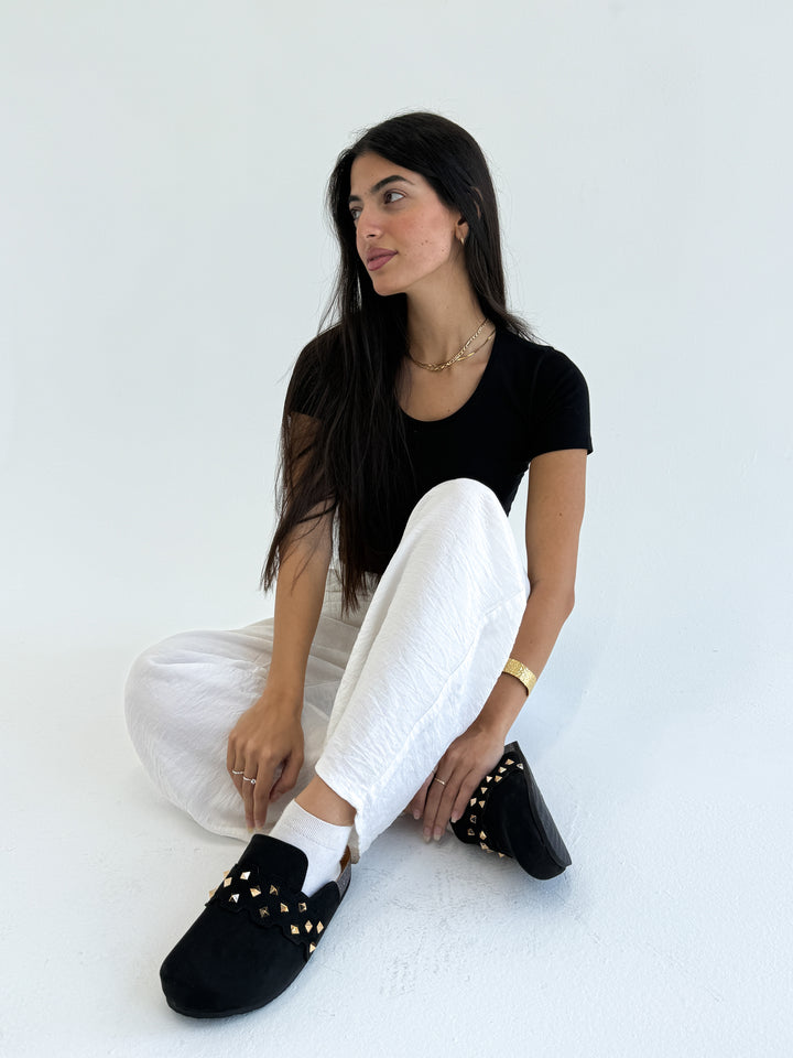 Black Suede Slip-On Mules with Gold Studs