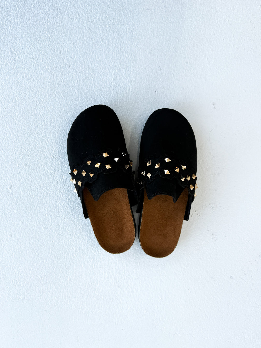 Black Suede Slip-On Mules with Gold Studs