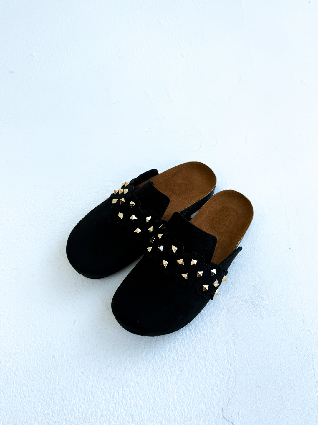 Black Suede Slip-On Mules with Gold Studs