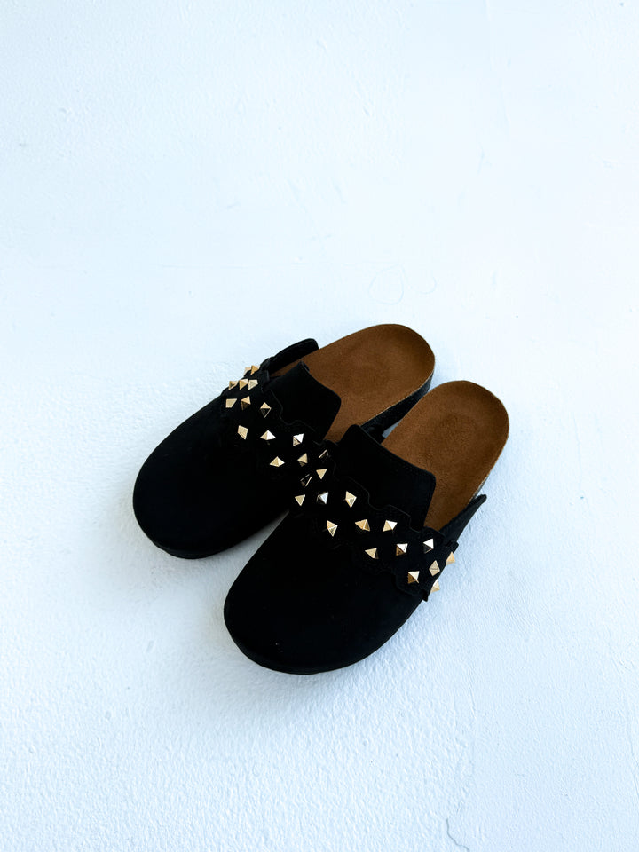 Black Suede Slip-On Mules with Gold Studs