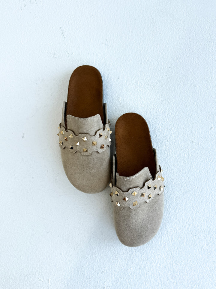 Beige Suede Slip-On Mules with Gold Studs