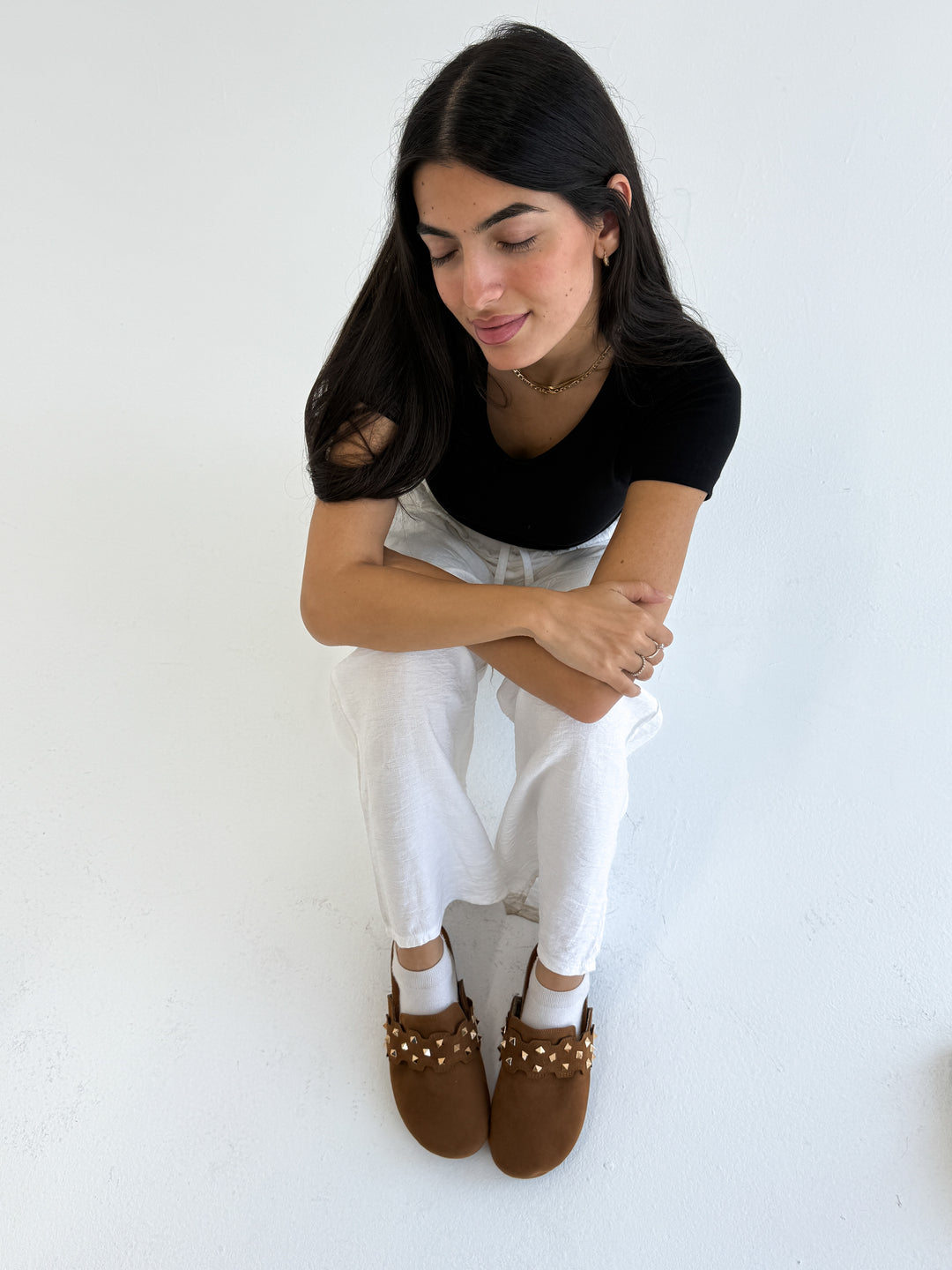 Havane Suede Slip-On Mules with Gold Studs