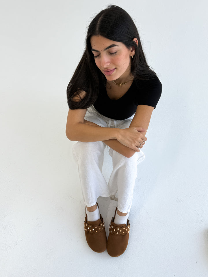 Havane Suede Slip-On Mules with Gold Studs