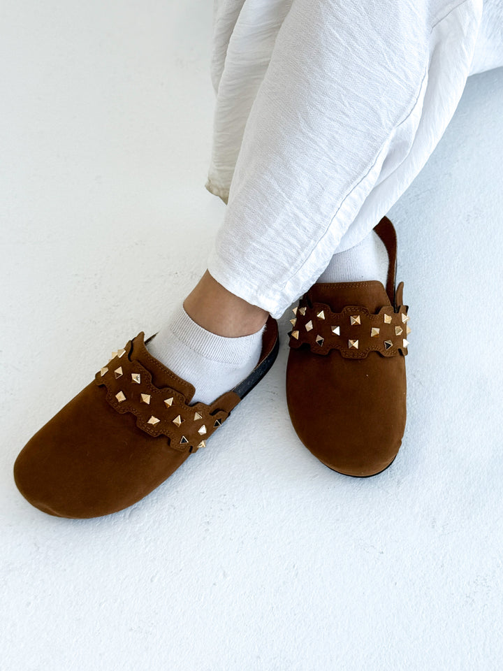 Havane Suede Slip-On Mules with Gold Studs