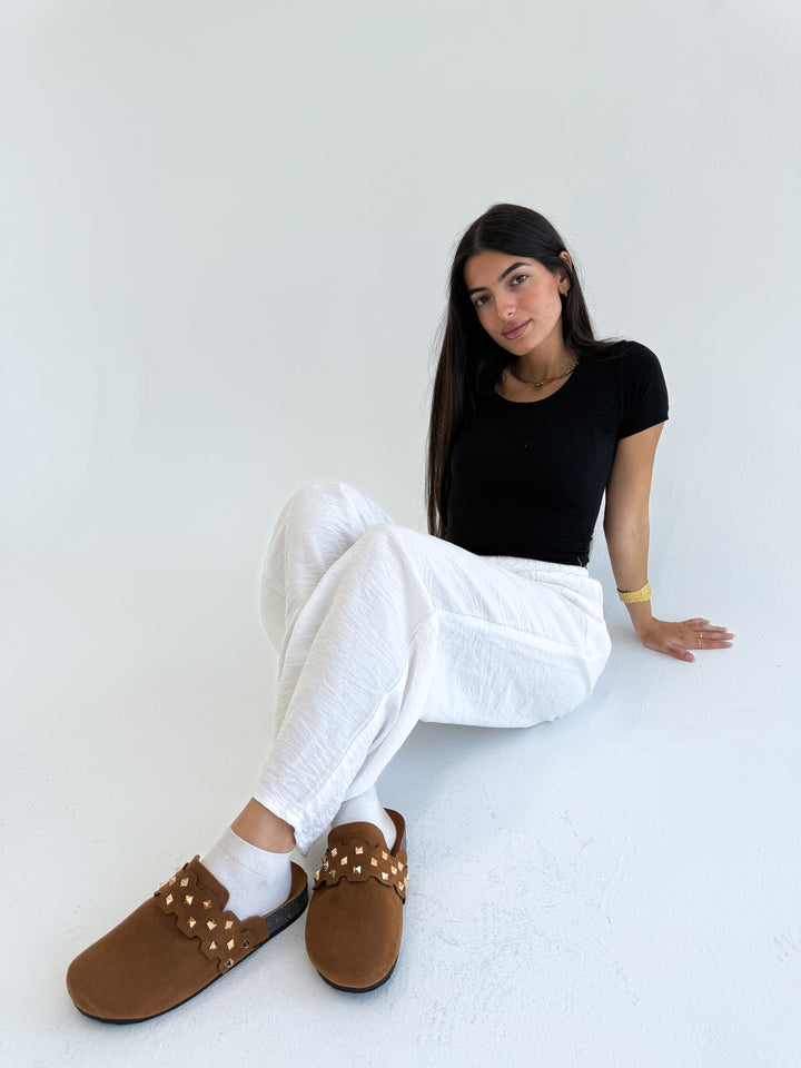 Havane Suede Slip-On Mules with Gold Studs