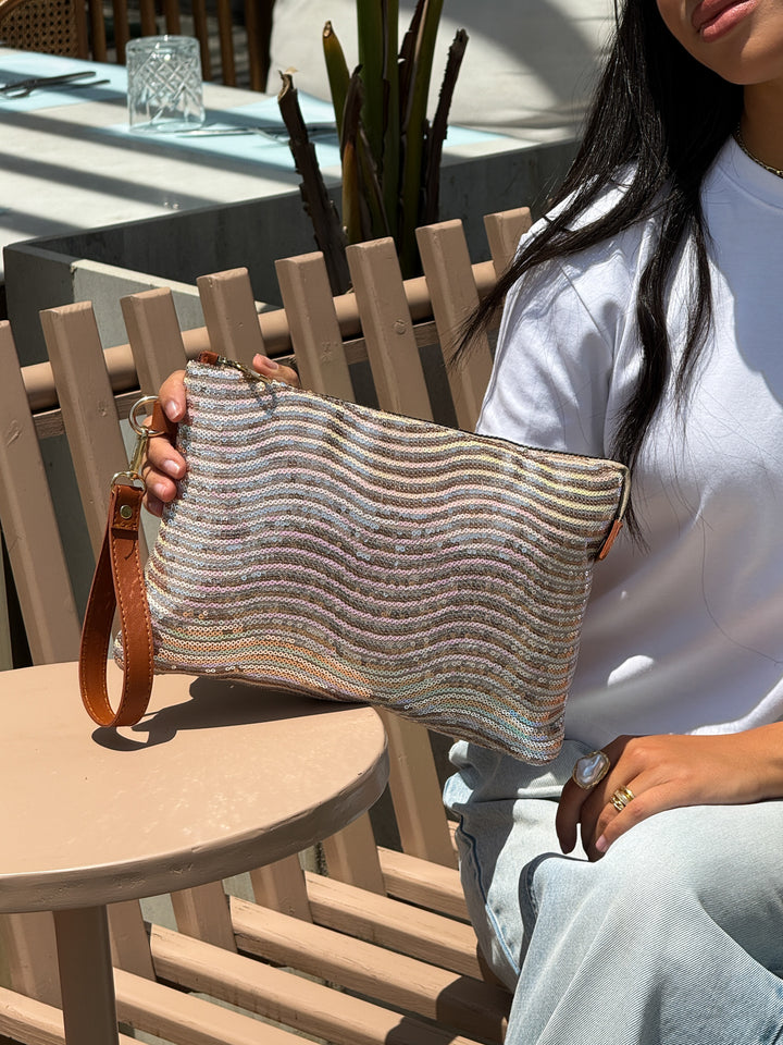 Hologlow Wave Sequin Wristlet Clutch