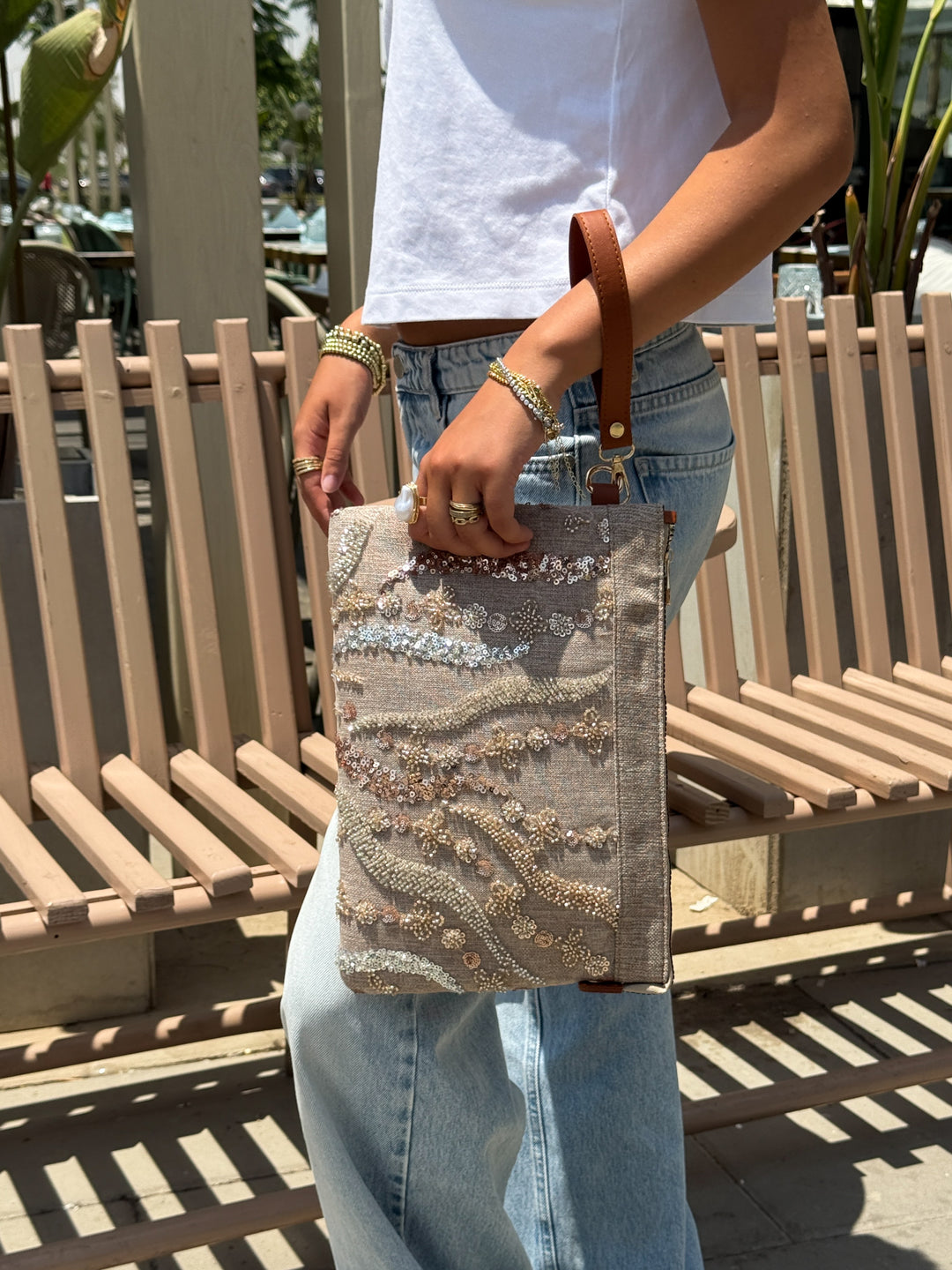 Coral Bloom Embellished Zipper Clutch