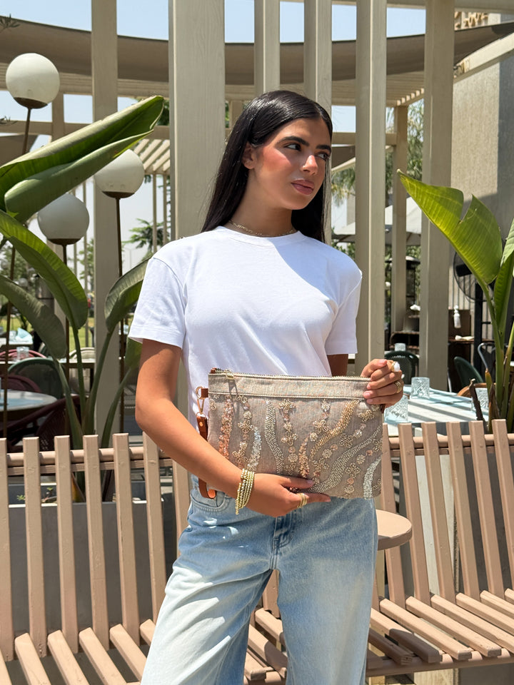 Coral Bloom Embellished Zipper Clutch