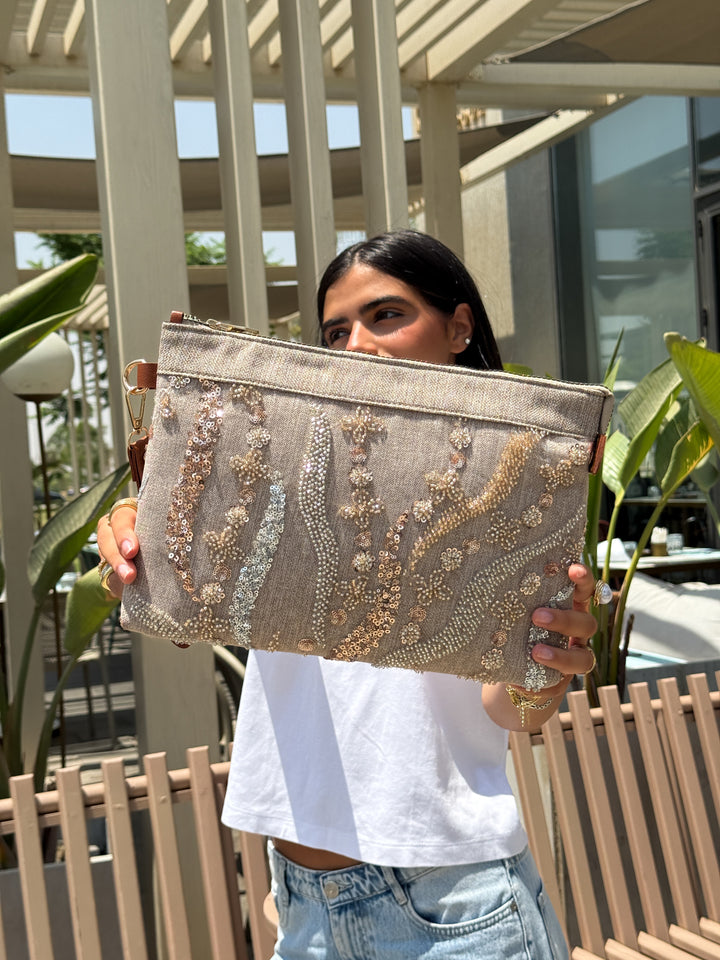 Coral Bloom Embellished Zipper Clutch