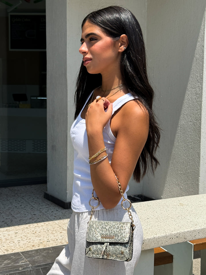 Mini Python-Print Shoulder Bag with Chunky - Gold