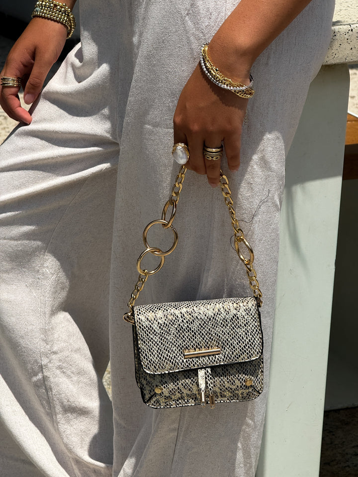 Mini Python-Print Shoulder Bag with Chunky - Gold