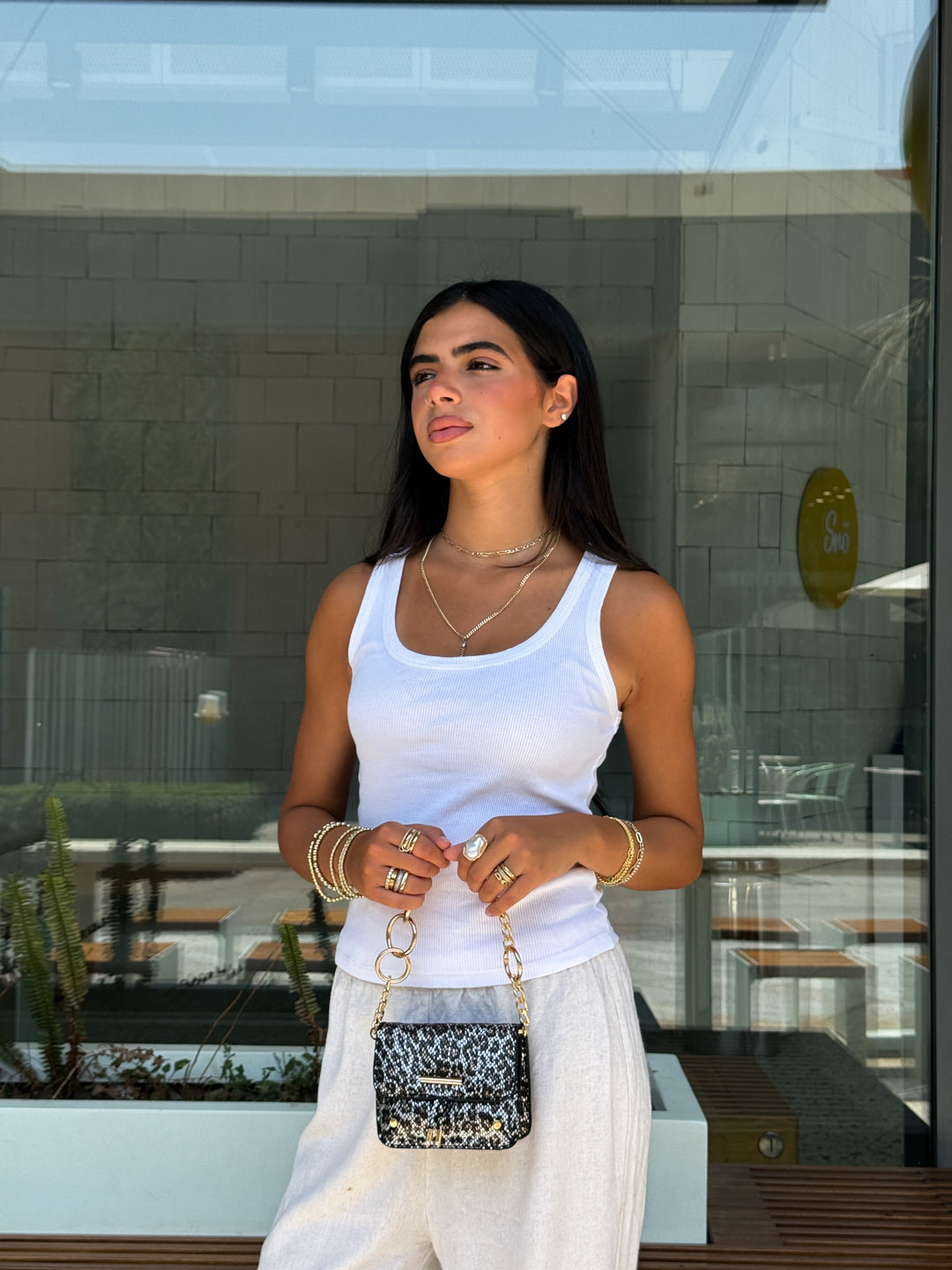 Mini Python-Print Shoulder Bag with Chunky - Black