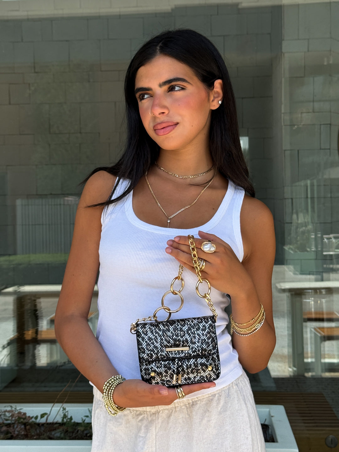 Mini Python-Print Shoulder Bag with Chunky - Black