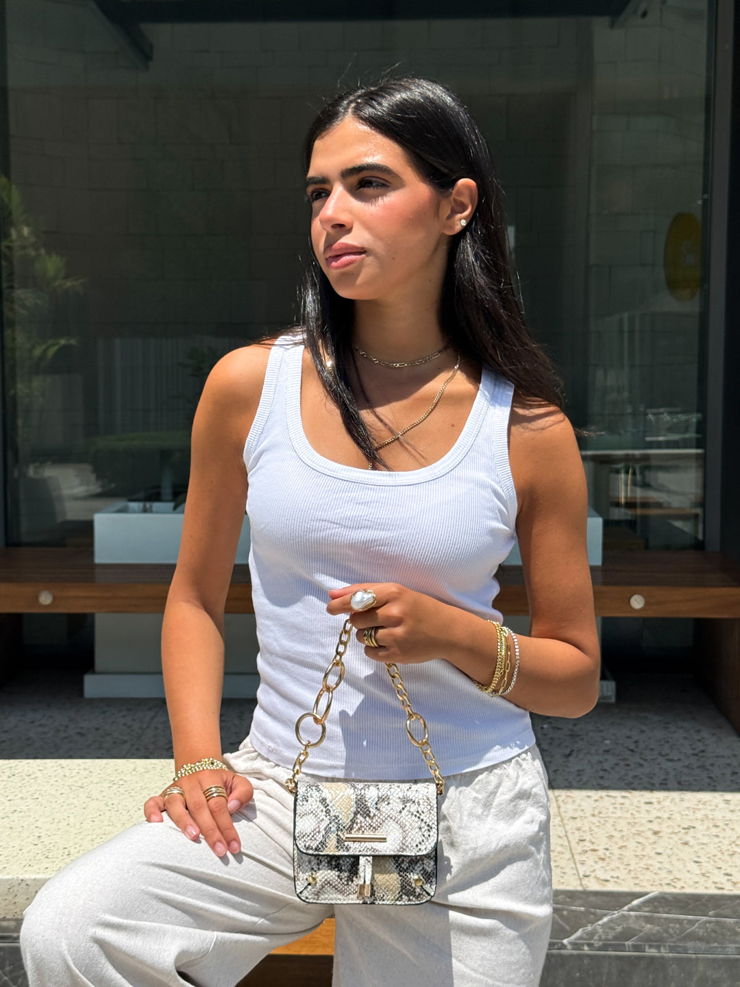 Mini Faux Snake-Skin Crossbody Bag - Beige