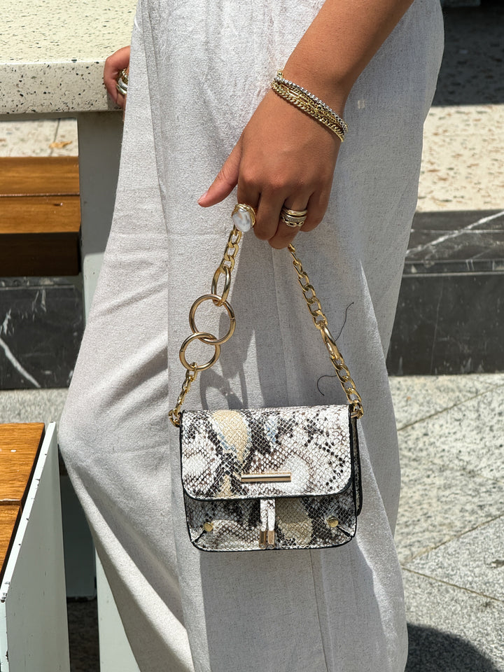 Mini Faux Snake-Skin Crossbody Bag - Beige