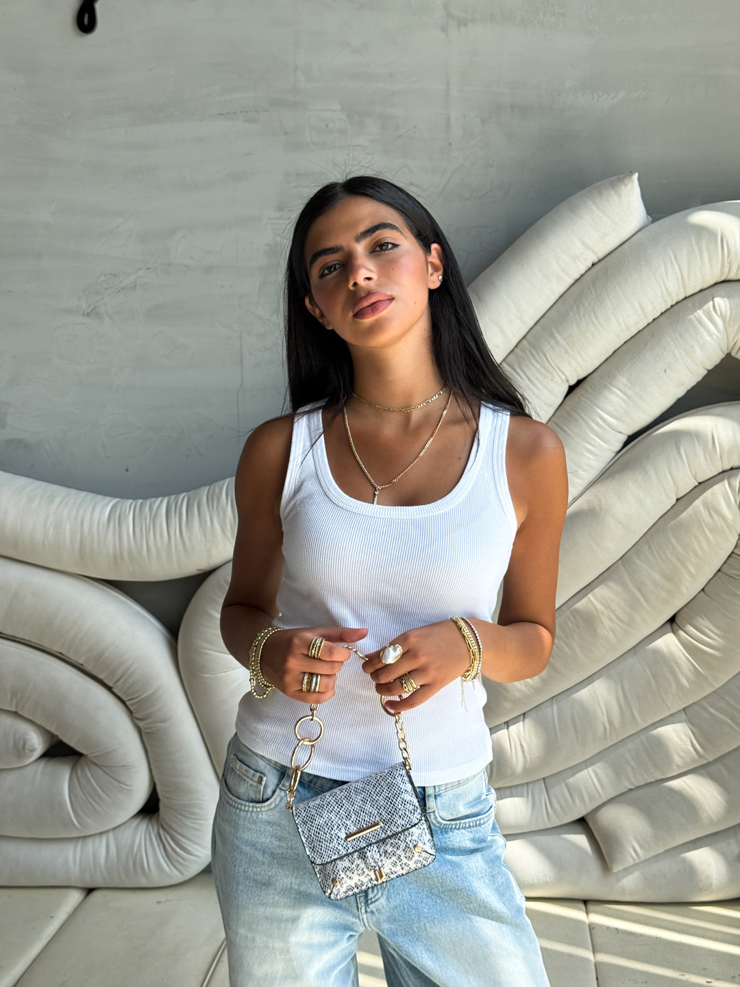 Mini Python-Print Shoulder Bag with Chunky - Silver